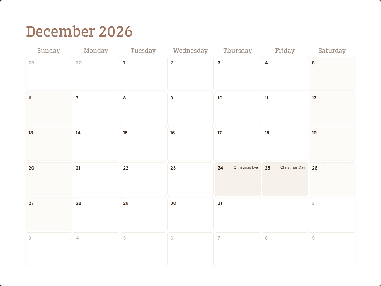 CultureSync month grid for December 2026 on the Christian calendar with Christmas Eve and Christmas Day highlighted