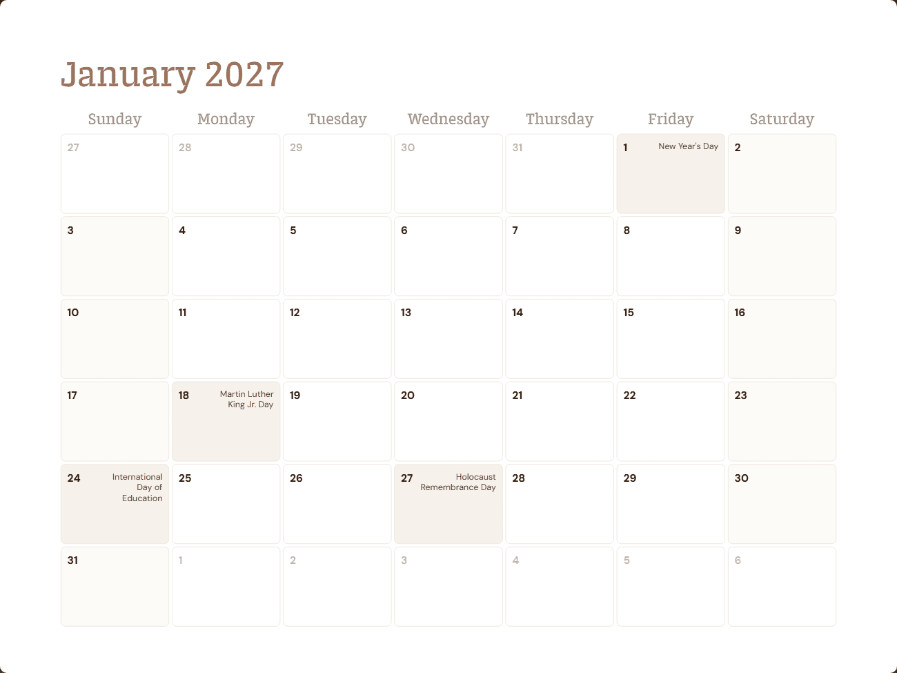 CultureSync month grid for January 2027 with US, Canadian, and UN holidays highlighted, including New Year's Day, Martin Luther King Jr. Day, and the International Day of Education
