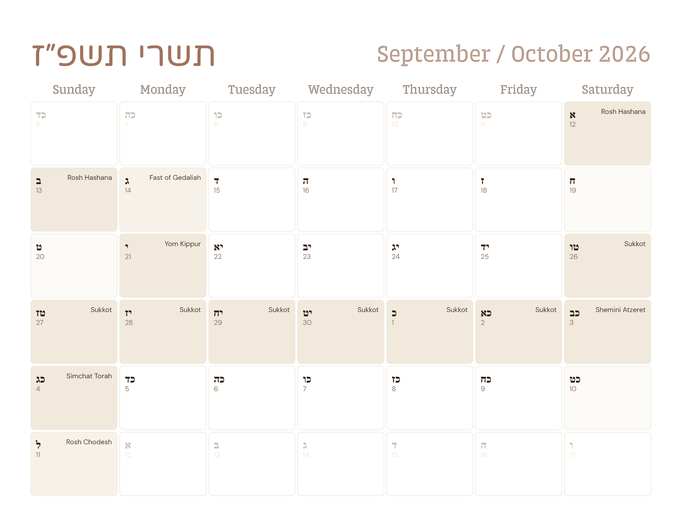 CultureSync month grid for Tishrei 5787 (September-October 2026) with Hebrew and Gregorian dates in every cell and Rosh Hashanah, Yom Kippur, Sukkot, and Simchat Torah highlighted