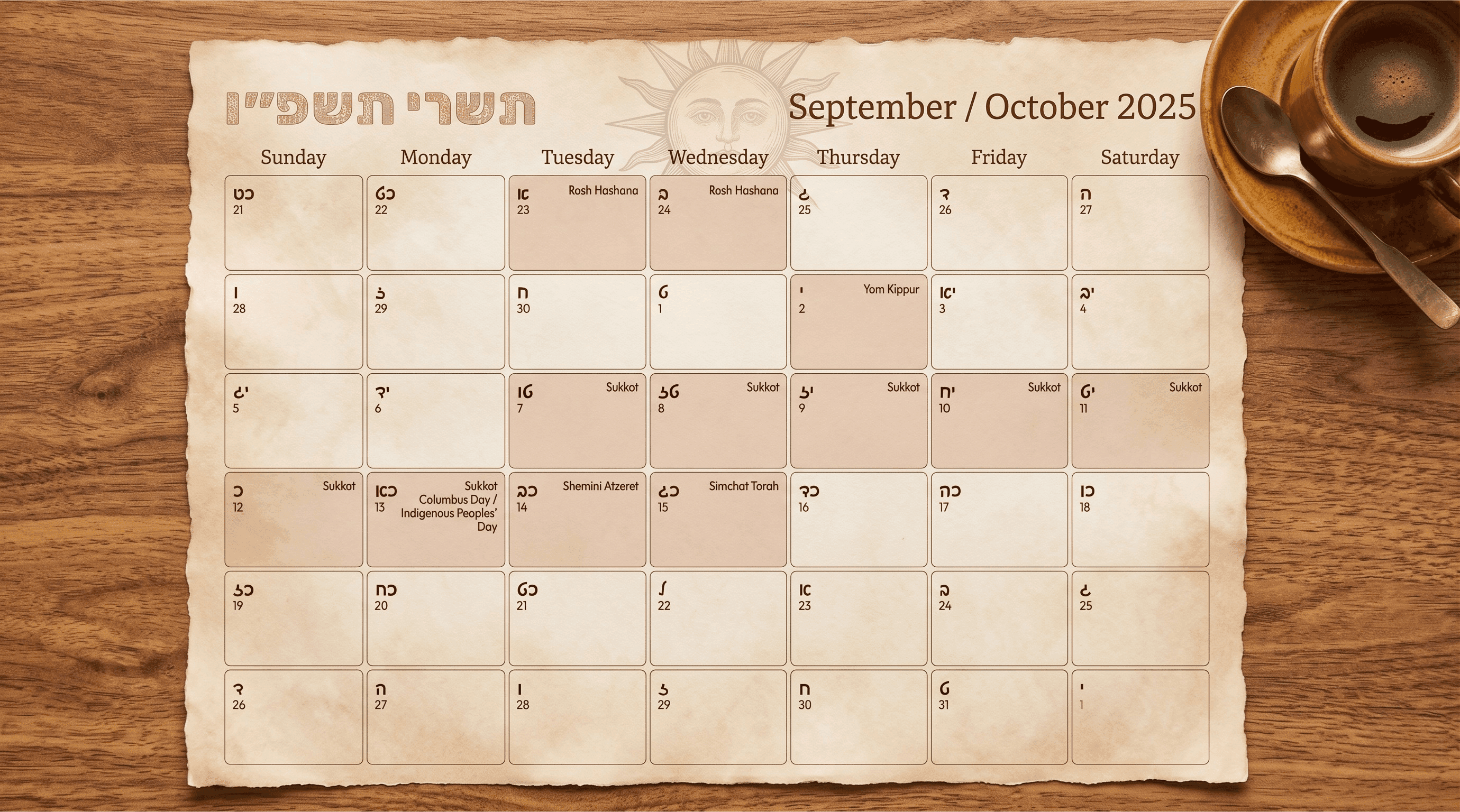 Printed multicultural calendar on a warm wood desk